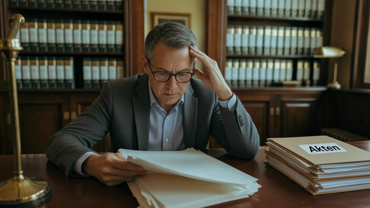 Rechtsanwalt sichtet erschöpft an seinem Schreibtisch einen Stapel Akten, rechts ein Ordner mit der Aufschrift „Akten“