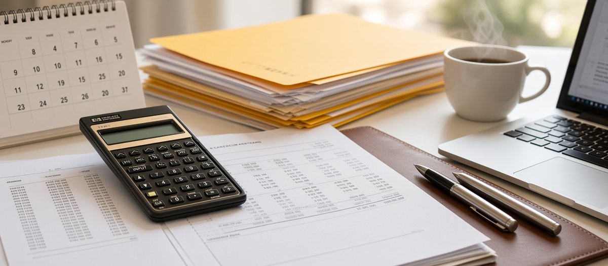 Taschenrechner, Belege und Kontoauszüge, Aktenstapel und Kalender auf einem Schreibtisch