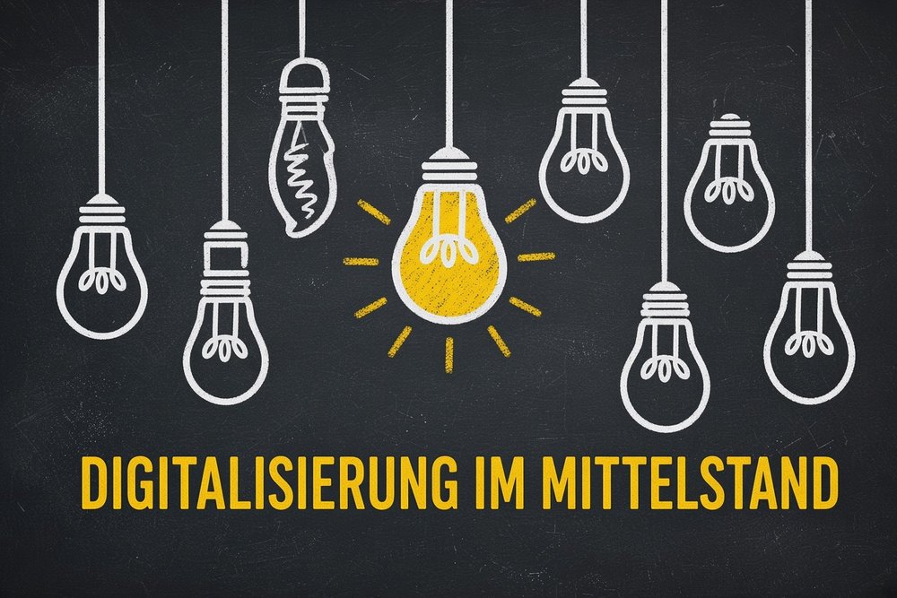 Glühbirnen an der Schultafel, eine leuchtet gelb, dazu die Aufschrift „Digitalisierung im Mittelstand“