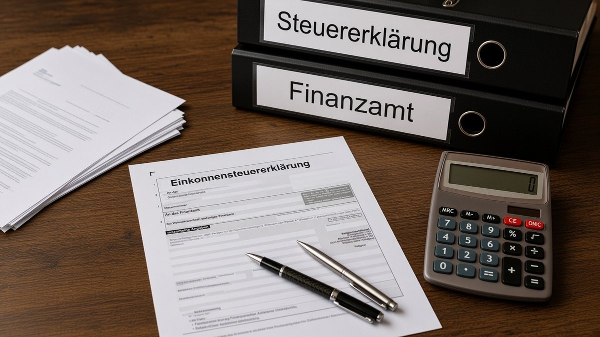 Aktenordner „Steuererklärung“ und „Finanzamt“, Einkommensteuererklärung, Taschenrechner und Stifte auf einem Holztisch