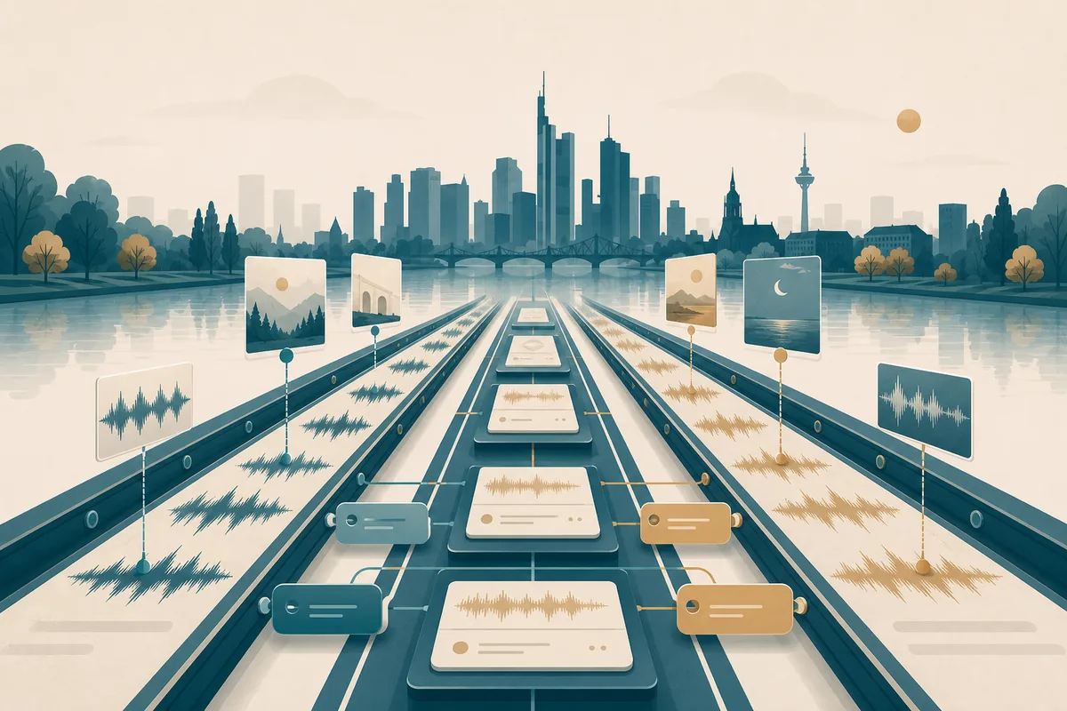 Ein ungeordnetes Musikarchiv wird mit Titeln, Tags und Coverbildern versehen und sauber sortiert, im Hintergrund die Frankfurter Skyline