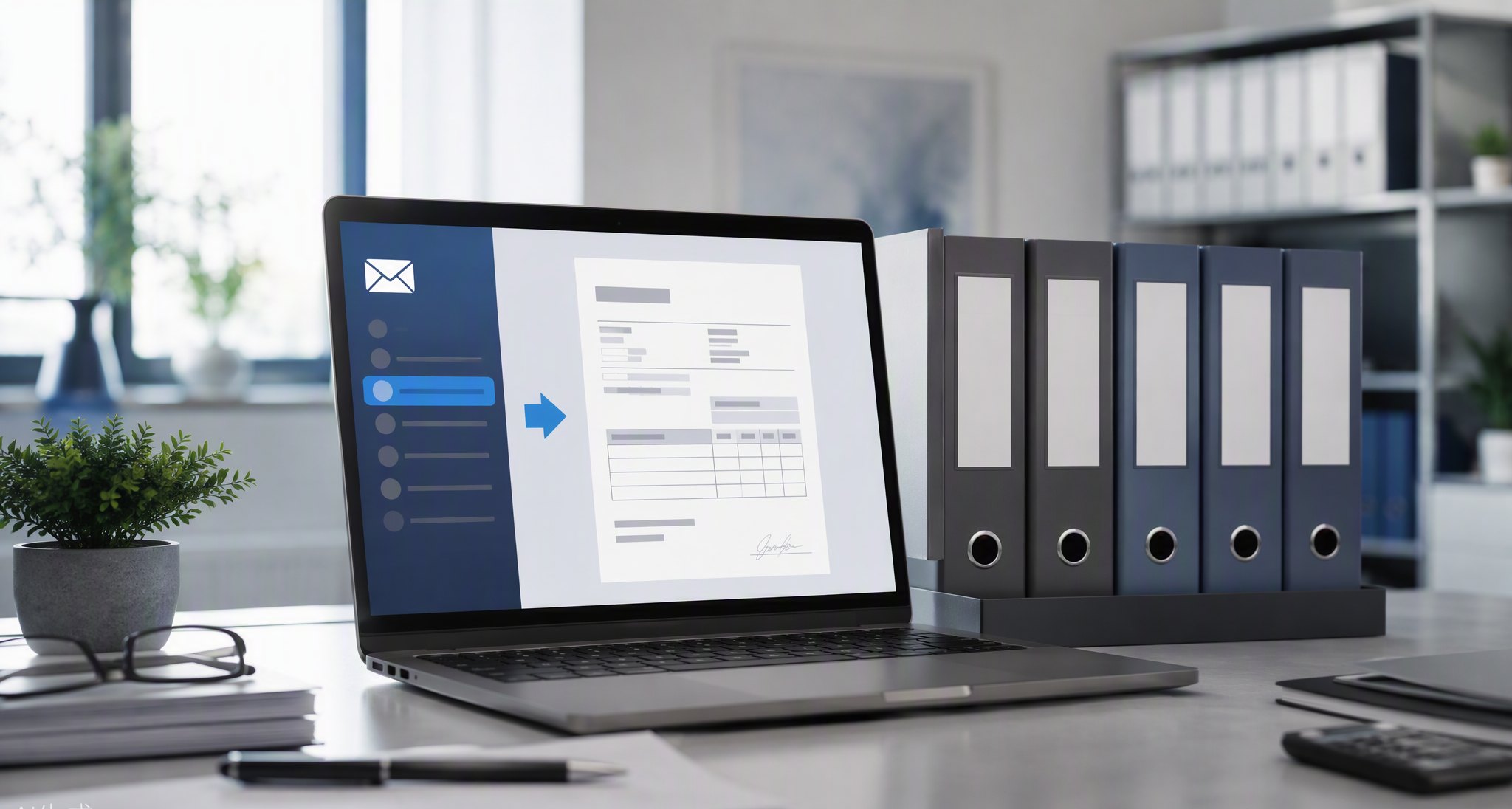 E-Rechnung empfangen: eingehende elektronische Rechnung im Posteingang, daneben geordnete digitale Ablage